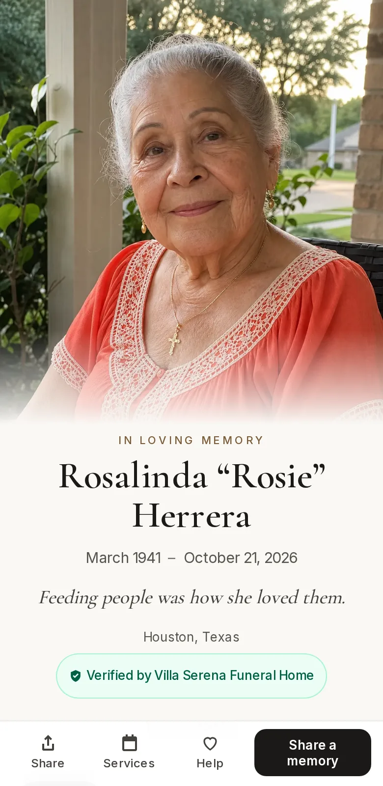 A memorial page on a phone, showing a portrait, name, dates and service details